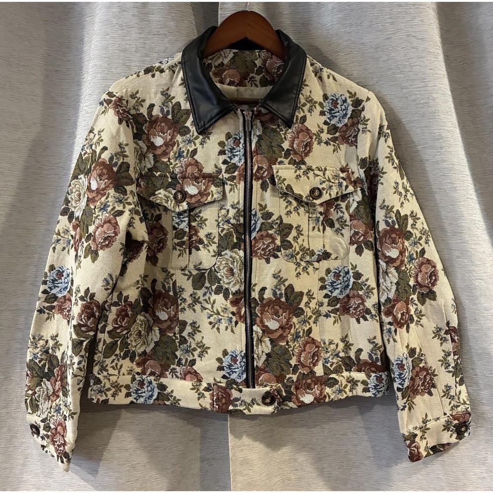 Tapestry Floral Zip Jacket Women's Large Cottagecore‎ Boho Rose Print Retro